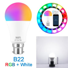 Load image into Gallery viewer, WiFi Smart Light Bulb 15W RGB Lamp E27 B22 Dimmable Smart Bulb Voice Control Magic Lamp AC110V 220V Work with Amazon/Google Home