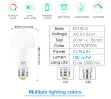 Load image into Gallery viewer, WiFi Smart Light Bulb 15W RGB Lamp E27 B22 Dimmable Smart Bulb Voice Control Magic Lamp AC110V 220V Work with Amazon/Google Home