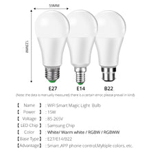 Load image into Gallery viewer, WiFi Ampoule LED E27 E14 B22 15W RGBW Smart Light Bulb Cellphone Remote Dimmable Intelligent WiFi Lamp Alexa Google Assistant