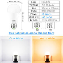 Load image into Gallery viewer, AC85-265V 15W Smart WiFi Led Bulb E27 B22 Dimmable Color Changing RGB Light Bulb Works With Alexa Google Home No Hub Required