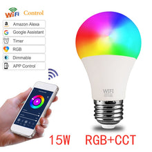 將圖片載入圖庫檢視器 1PC 15W WiFi Smart Light Bulb B22 E27 LED RGB Lamp Work With Alexa Google Home White Dimmable Timer Function Magic Bulb Hot Sale