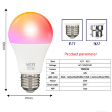 Load image into Gallery viewer, Dimmable 15W B22 E27 WiFi Smart Light LED RGB Lamp TUYA App with Alexa Google Assistant Control Wake up Smart Lamp Night Light