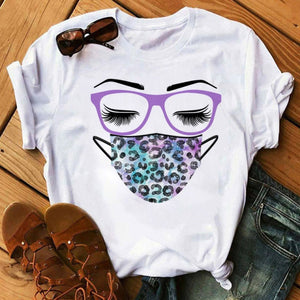 New Fashion Women T Shirt Leopard Face Mask Eyelash Print Tee Shirt Female Short Sleeve Tops Tee Harajuku T-shirts 90s Girls Tee