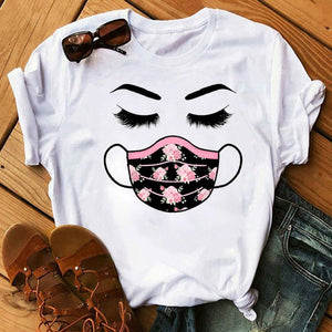 New Fashion Women T Shirt Leopard Face Mask Eyelash Print Tee Shirt Female Short Sleeve Tops Tee Harajuku T-shirts 90s Girls Tee