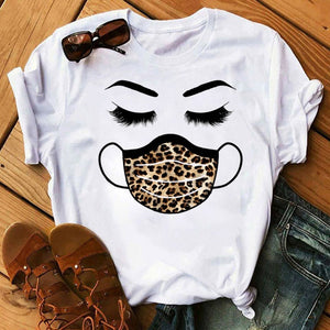 New Fashion Women T Shirt Leopard Face Mask Eyelash Print Tee Shirt Female Short Sleeve Tops Tee Harajuku T-shirts 90s Girls Tee