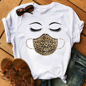 New Fashion Women T Shirt Leopard Face Mask Eyelash Print Tee Shirt Female Short Sleeve Tops Tee Harajuku T-shirts 90s Girls Tee