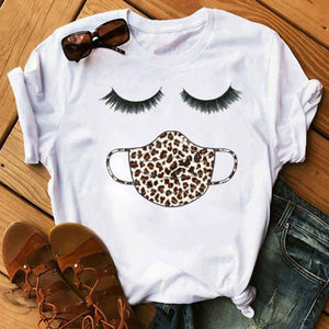 New Fashion Women T Shirt Leopard Face Mask Eyelash Print Tee Shirt Female Short Sleeve Tops Tee Harajuku T-shirts 90s Girls Tee