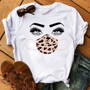 New Fashion Women T Shirt Leopard Face Mask Eyelash Print Tee Shirt Female Short Sleeve Tops Tee Harajuku T-shirts 90s Girls Tee