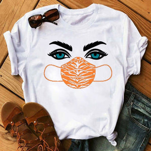 New Fashion Women T Shirt Leopard Face Mask Eyelash Print Tee Shirt Female Short Sleeve Tops Tee Harajuku T-shirts 90s Girls Tee