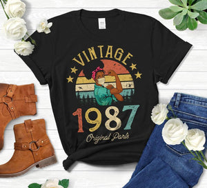 Vintage 1987 Original Parts T-Shirt African American Women with Mask 34th Birthday Gift Fashion Casual Short Sleeve Top Tee goth