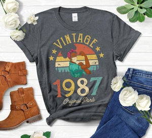 Vintage 1987 Original Parts T-Shirt African American Women with Mask 34th Birthday Gift Fashion Casual Short Sleeve Top Tee goth