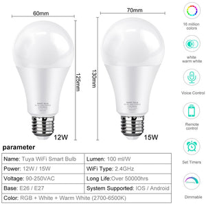 Tuya Smart Light Bulb 15w Color Changing WiFi Light E27 B22 RGB LED Bulb Dimmable Alexa Compatible Smart Life APP Google