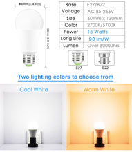 Load image into Gallery viewer, E27 B22 Wifi Smart LED Light Bulb 15W Intellegent Warn Lighting Dimmable LED Lamp App Control Work with Alexa Google Assistant
