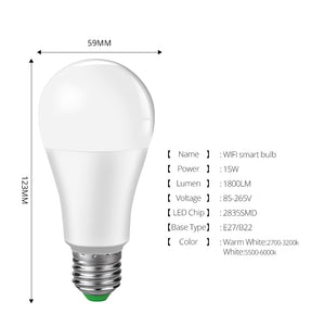 15W WiFi Smart LED Light Bulb E27 B22 Ampoule LED Intelligent Dimmable Night Lamp Apply to alexa google Home Assistant Echo