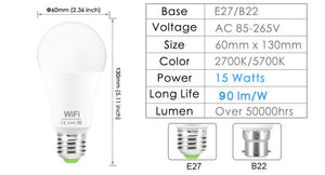 15W 220V WiFi Smart Bulb Dimmable Multicolor E27 B22 RGB WiFi LED Magic Lamp Work with Alexa/Google Home Remote Control By APP