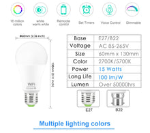 Load image into Gallery viewer, AC85-265V 15W Smart WiFi Led Bulb E27 B22 Dimmable Color Changing RGB Light Bulb Works With Alexa Google Home No Hub Required
