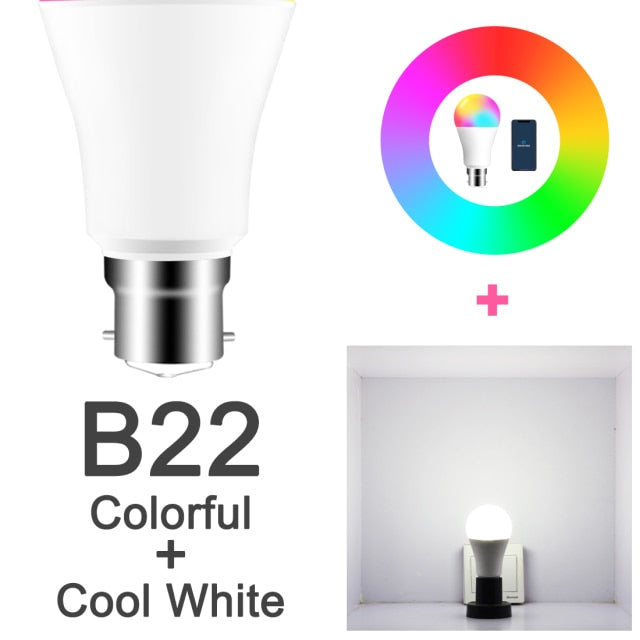 15W WiFi Smart Light Bulb B22 E27 LED RGB Lamp Work with Alexa/Google Home 85-265V RGB+White Dimmable Timer Function Magic Bulb