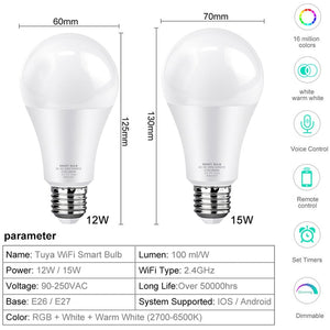 12w 15w Tuya Smart Light Bulb  Color Changing wifi Light E27 B22 RGB LED Bulb Dimmable Alexa Compatible Smart Life APP Google