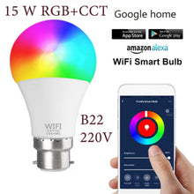 將圖片載入圖庫檢視器 1PC 15W WiFi Smart Light Bulb B22 E27 LED RGB Lamp Work With Alexa Google Home White Dimmable Timer Function Magic Bulb Hot Sale
