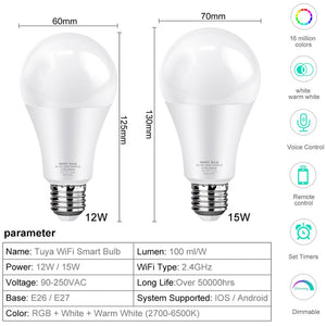 Tuya Smart Light Bulb 12w 15w Color Changing wifi Light E27 B22 RGB LED Bulb Dimmable Alexa Compatible Smart Life APP Google