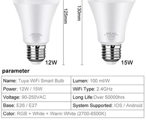 Tuya Smart Light Bulb 12w 15w Color Changing wifi Light E27 B22 RGB LED Bulb Dimmable Alexa Compatible Smart Life APP Google