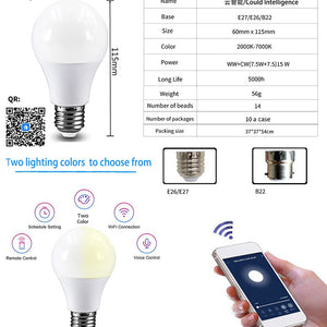 Dimmable 15W B22 E27 WiFi Smart Light Bulb LED Lamp App Operate Alexa Google Assistant Control Smart Lamp Night Light