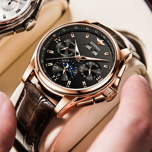 Top Brand OUPINKE Luxury Mechanical Watch Men Automatic Brown Leather Casual Waterproof Sport Moon Phase Wristwatch Reloj Hombre