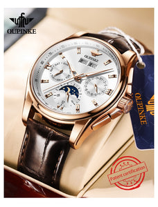 Top Brand OUPINKE Luxury Mechanical Watch Men Automatic Brown Leather Casual Waterproof Sport Moon Phase Wristwatch Reloj Hombre